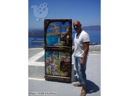 Painting in old wood by Aris Kizir Santorini Greece